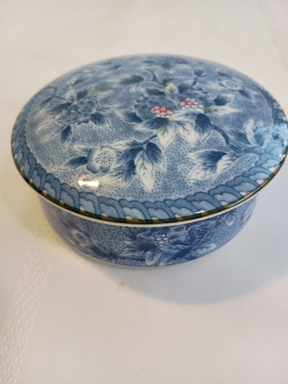 Vintage Blue Floral Ceramic Round Trinket Box